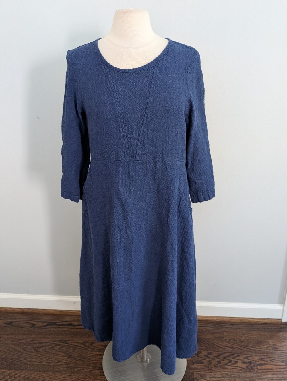Women's Navy Blue 100% Linen Dress Aline Pockets 3/4 Sleeves